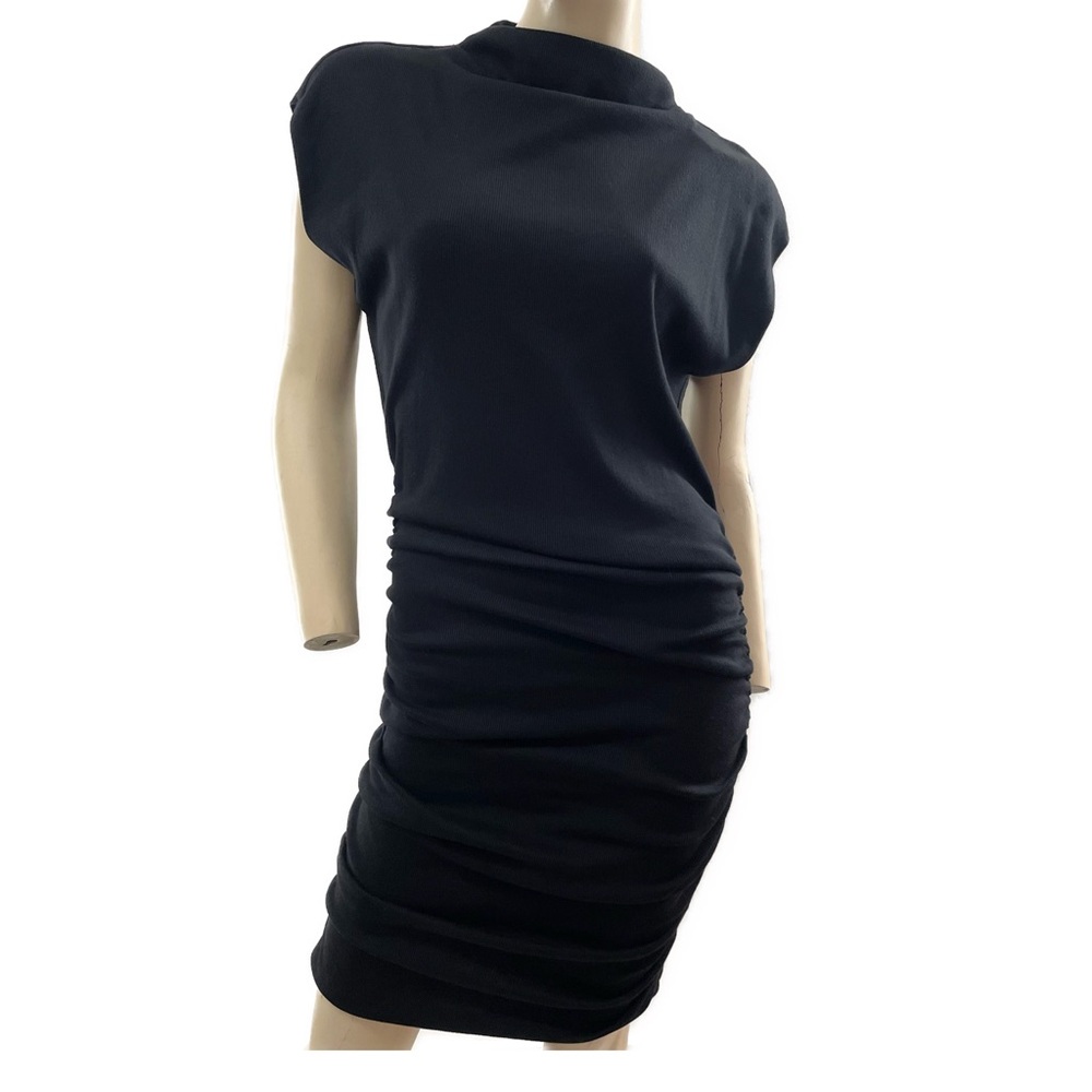 Michael Stars- Gia mock neck black ribbed dress with side ruching- L